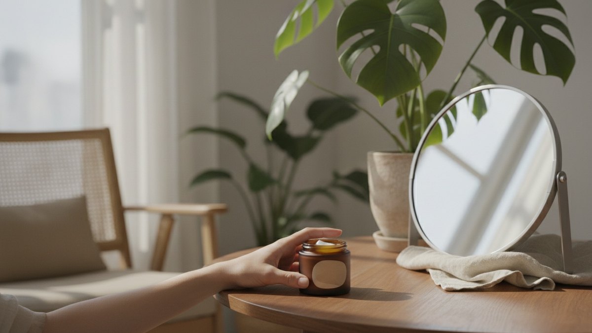 Pot de crème hydratante visage sur une table en bois