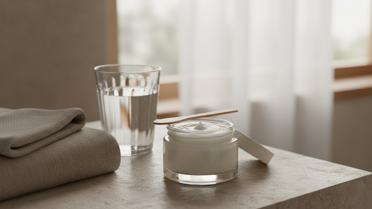 Pot de crème visage posé sur un comptoir de salle de bain
