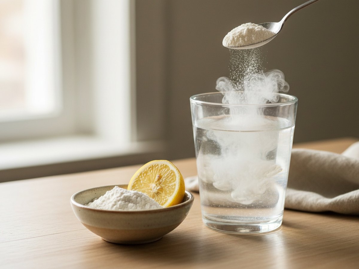 Poudre de collagène hydrolysé dans un verre d'eau avec une rondelle de citron