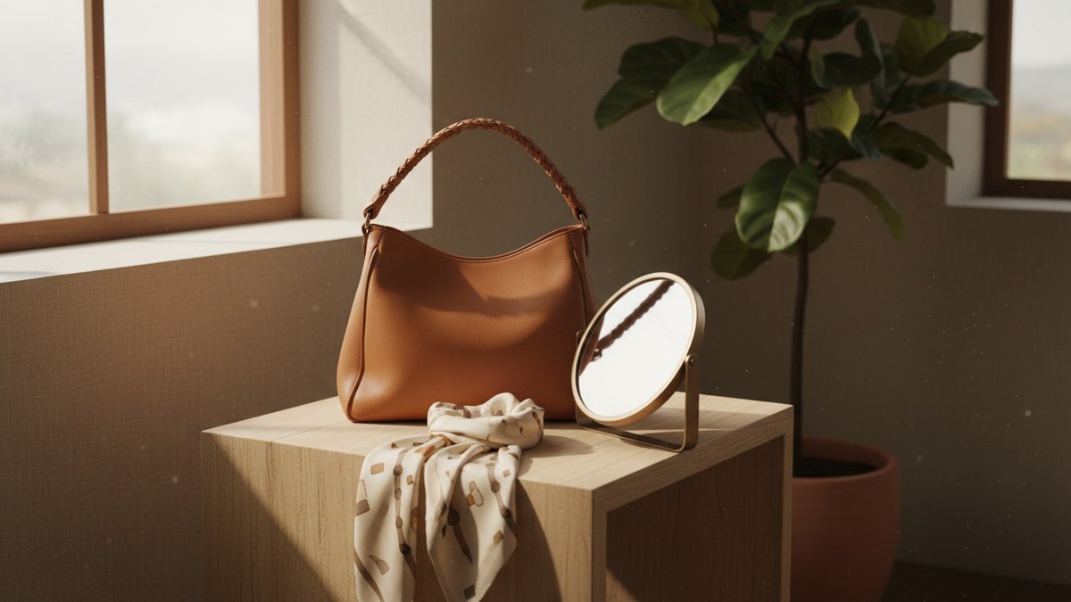 Sac à main en cuir posé sur une surface en bois près d'une fenêtre