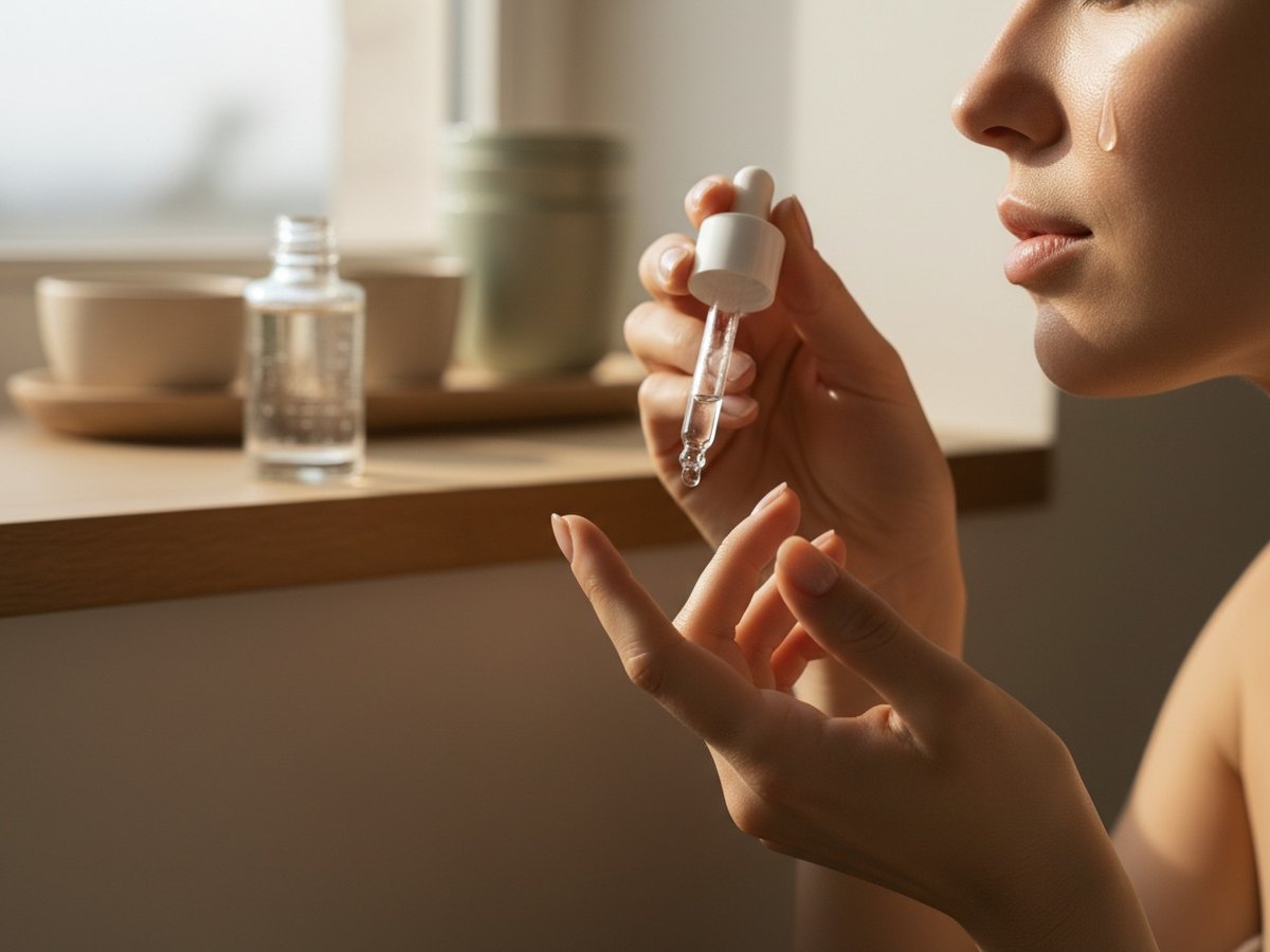 Application d'un sérum visage par pressions douces sur la peau
