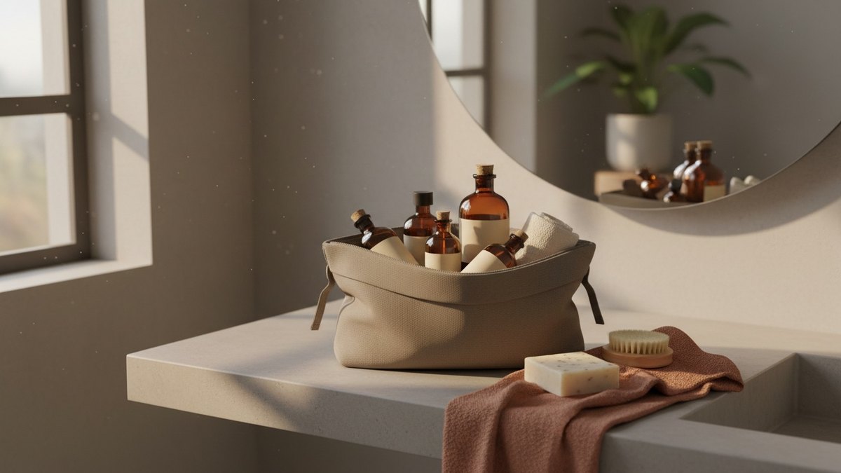 Trousse de toilette ouverte posée sur un rebord de salle de bain, avec flacons et savon solide