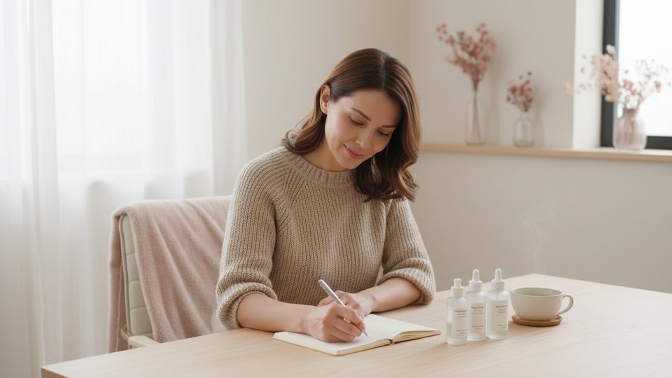 Femme écrivant dans un carnet à un bureau clair, près de flacons de soin et d'une tasse de thé vert